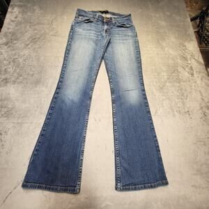 Levis 524 Too Superlow Jeans Womens 7 Medium Blue Flare Stretch Denim Distressed